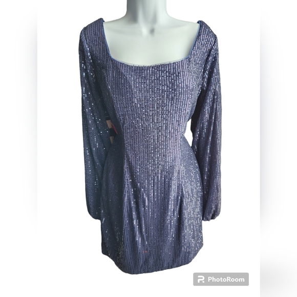 None Dresses & Skirts - Unbranded Women's Navy Blue Tie V-Back Sequin Long Sleeve Mini Dress